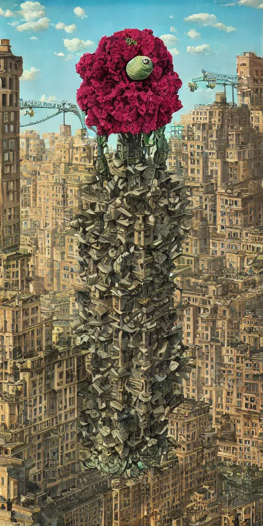 Image similar to colossal grotesque flower in the middle of abandoned early soviet constructivist cityscape, Stalinist architecture, ultradetailed by Hayao Miyazaki and Josan Gonzalez and Makoto Shinkai and Giuseppe Arcimboldo and Wes Anderson