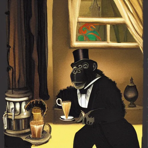 Image similar to Gothic painting of a chimpanzee wearing a top hat, serving coffee as a barista, in a night-time old-fashioned New York Cafe, candlelight, full shot