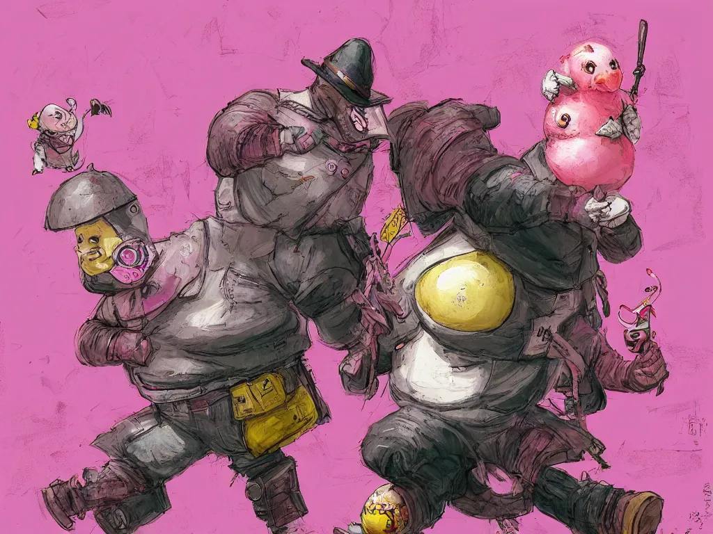 Prompt: Humpty Dumpty as a chicken egg, fighting with a pink rubber monkey in a cyberpunk, post apocalyptic Tokyo, D&D, fantasy, highly detailed, digital painting, artstation, concept art, smooth, sharp focus, illustration, art by Bill Sienkiewicz