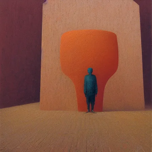 Prompt: an impasto painting by shaun tan of an abstract sculpture by the caretaker and zdzisław beksinski