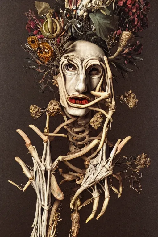 Image similar to Detailed maximalist portrait a Greek god with large lips and with large white eyes, exasperated expression, skeletal with extra fleshy bits, botany, HD mixed media 3d collage, highly detailed and intricate, surreal illustration in the style of Caravaggio, dark art, baroque