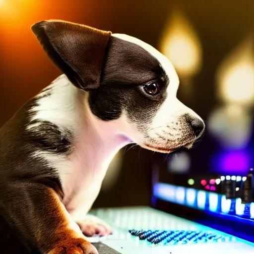 Image similar to puppy as a DJ, 8k, volumetric lighting, hyper realistic