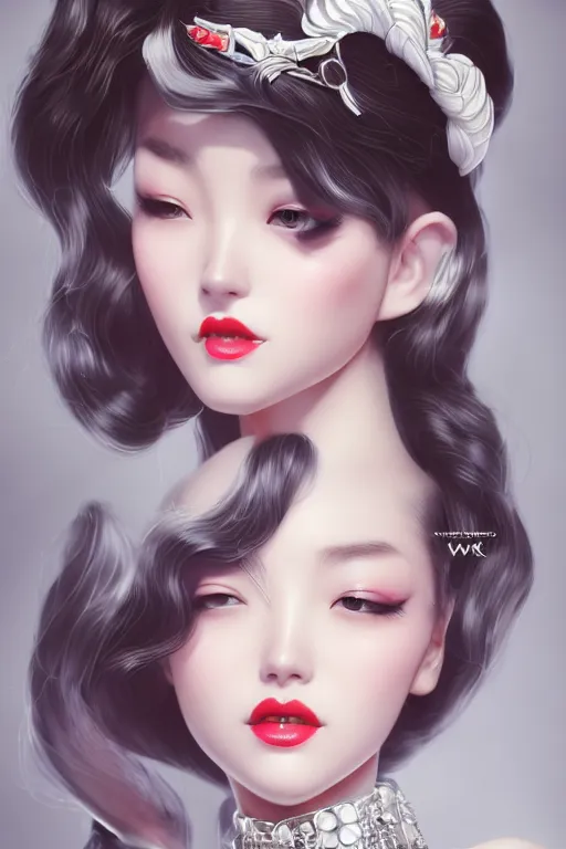 Image similar to a pin up and beautiful fashion and charming and dreamlke japan girl with jewelry, art by artgerm & jeehyung lee & wlop, hyperdetailed, 8 k realistic, lv, dior, symmetrical, frostbite 3 engine, cryengine, dof, trending on artstation, digital art, lv, dior