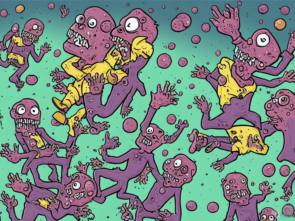 Image similar to happy zombies eating each other, floating in space, cartoon illustration, detailed