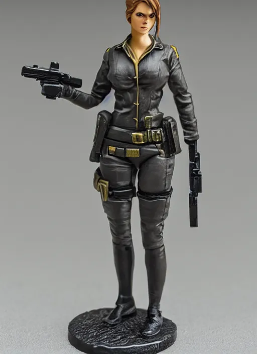 Prompt: Product Introduction Photos, 4K, Full body, 80mm resin detailed miniature of a spy woman with pistol.