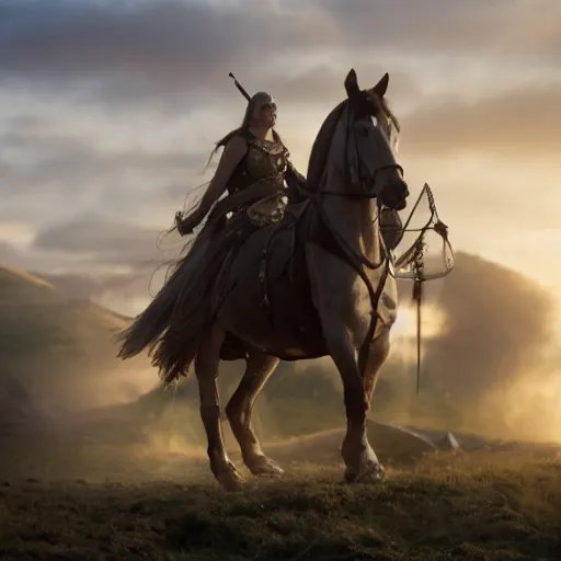 Image similar to an old norse queen going to war with her army, golden hour, 8 k uhd, awe - inspiring.