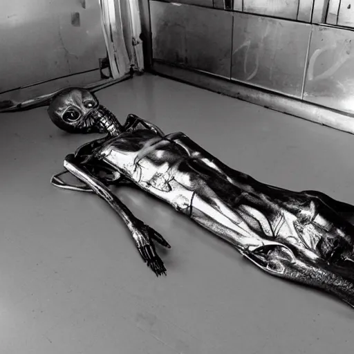 Image similar to dead alien lying on a metallic table. autopsy, black and white photo