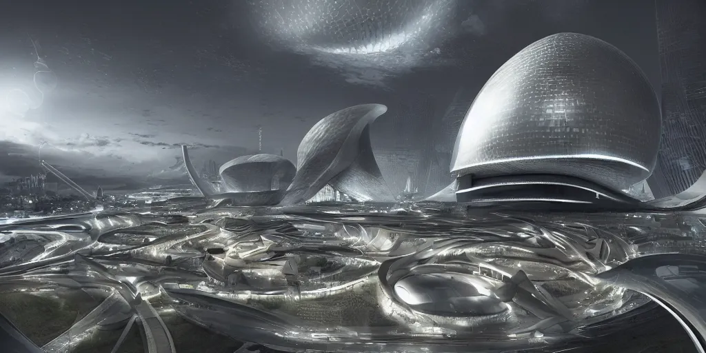 Image similar to Zaha Hadid city with Noraman foster dome and mosque in a Fantasy world and photo inspired by Where weird things happen by Daniele Gay on art station , le corbusier model on the ground inspired by Mining by Risa lin on art station