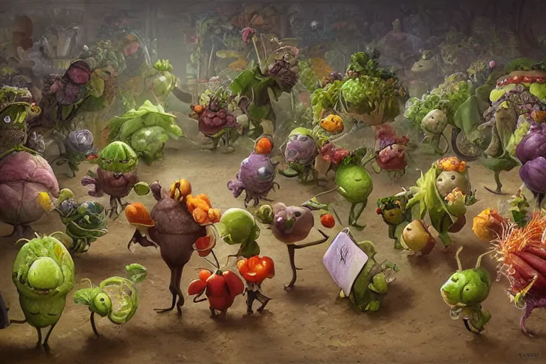 Image similar to miniature vegetable creatures parade. the floor is a cutting board. kitchen environment. digital art, realistic, pixar style, highly detailed, cinematic, matte painting, vivid colors, realistic, epic, low angle, lighting, by greg rutkowski and artgerm and alphonse mucha