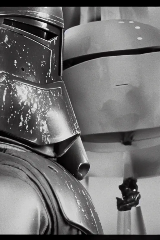 Image similar to wide angle full view 65mm film boba fett battle damaged armor scorched. screenshot from 1977 Star Wars dull muted colors tatoonie