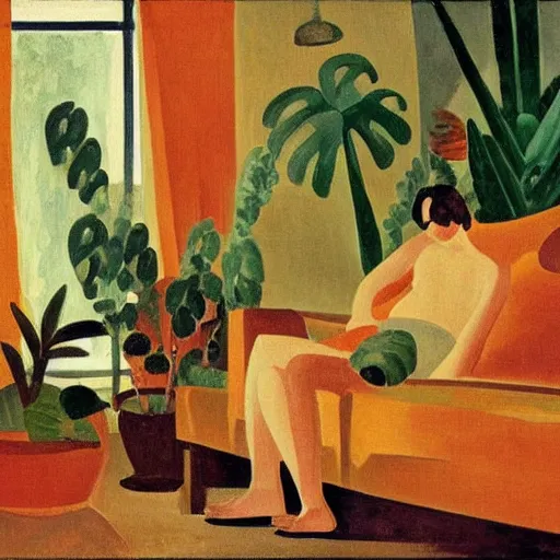 Image similar to A cozy, warm living room, bathed in golden light, with many tropical plants and succulents, a figure is resting on an old couch, by André Derain