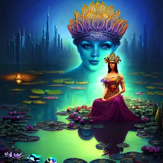 Image similar to Beautiful 3d render of the flower queen goddess near a pond full of lotus, atmospheric lighting, painted, intricate, volumetric lighting, beautiful, rich deep colours masterpiece, sharp focus, ultra detailed, in the art style of Dan Mumford and marc simonetti, with a clear crowded futuristic cyberpunk dubai city in the background, astrophotography