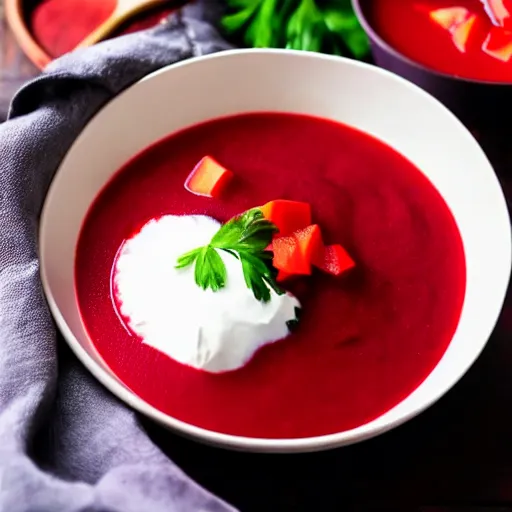 Image similar to a bowl of borscht wearing cat ears, award winning food photo, 4 k, delicious, polish food, high quality