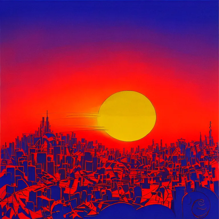 Prompt: birdseye view of a sunrise over a city, art by earle, eyvind