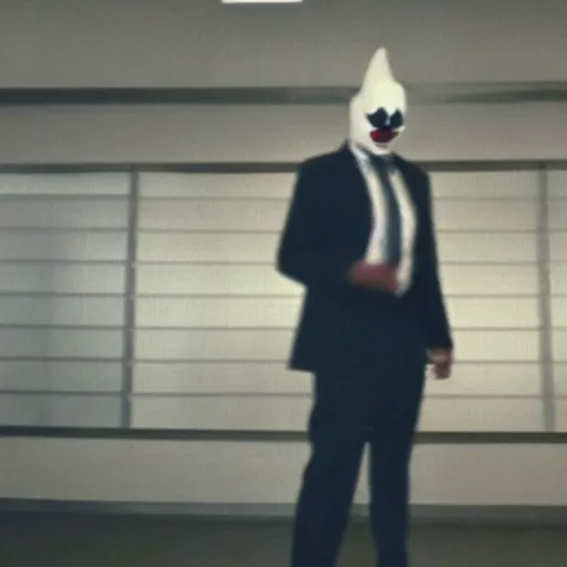 Image similar to blurry film still of a man wearing a suit and a latex mask of a clown from the dark knight's bank robbery scene