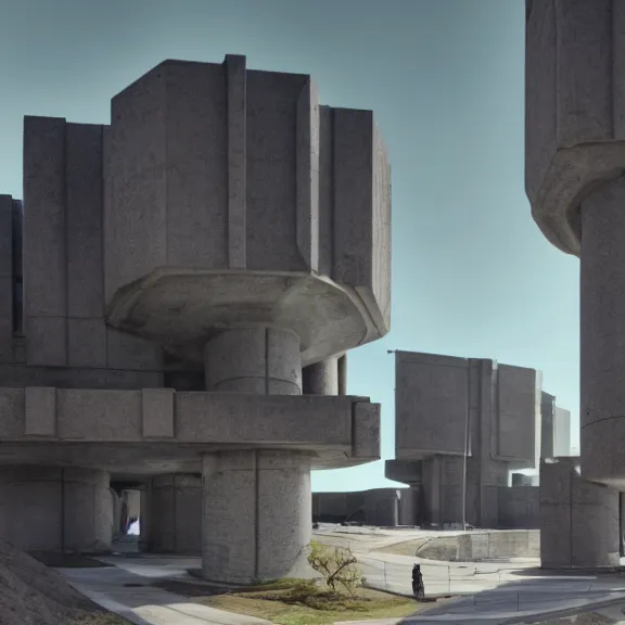 Image similar to sci fi utopian far future research facility exterior, brutalist architecture, grand scale