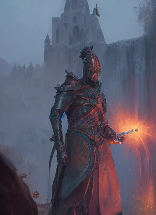 Prompt: a paladin casting a holy spell at self, castle in the background, trending on artstation, greg rutkowski, hyper detailed