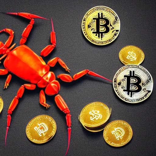 Image similar to photography of a realistic a very detailed red scorpion with yellow tail on top of cryptocurrency coins of different colors, some gems, a few diamonds animal, ultra detailed, 8 k, cinematic lighting, natural background, trending on artstation, pokemon