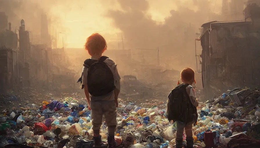 Image similar to poor detailed child with backpack standing at cars looking for food at garbage dump, destroyed cars, city is pure wasteland, moody sunset in background, greg rutkowski, alphonse mucha, trending on artstation, artgerm, unreal engine, breathtaking, award winning, highly detailed