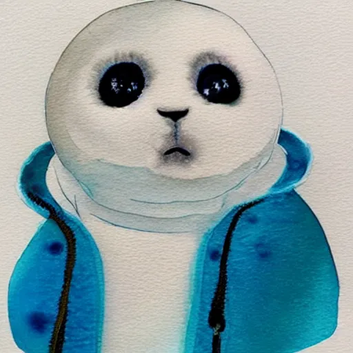 Prompt: “a baby harp seal wearing a puffer jacket, knitted hat, and ear muffs, water color painting”