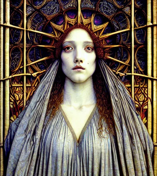 Image similar to detailed realistic beautiful young medieval queen face portrait by jean delville, gustave dore and marco mazzoni, art nouveau, symbolist, visionary, gothic, pre - raphaelite. horizontal symmetry