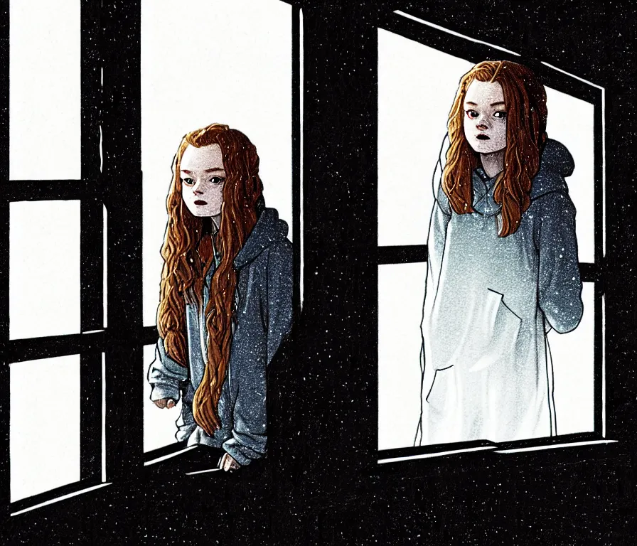 Image similar to sadie sink in hoodie sits on windowsill, knees tucked in | rain falls at night : storyboard, scifi cyberpunk. by chris bonura, joe alves, gabriel hardman. cinematic atmosphere, detailed and intricate, perfect anatomy