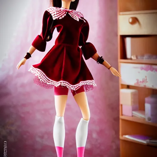 Image similar to anime barbie doll, 5 dolls, in red velvet stockings, a nurse's dress, full length, heels on her feet