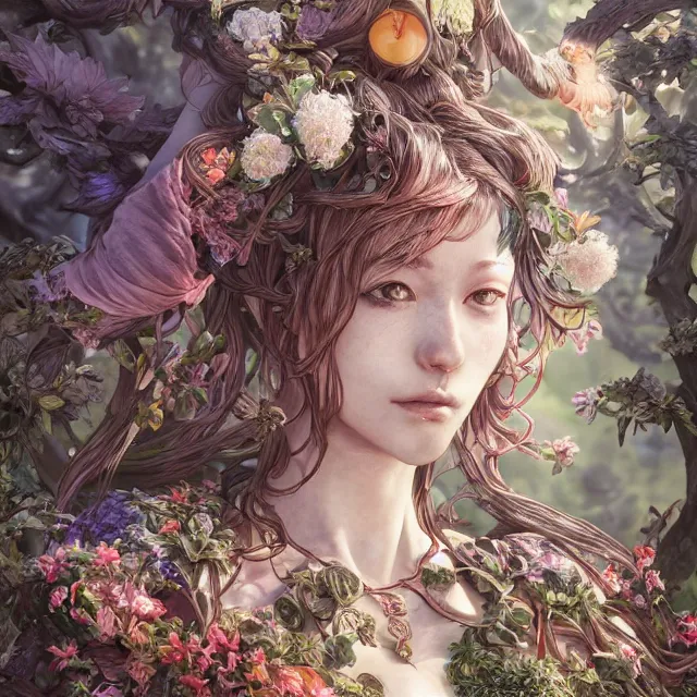 Prompt: the portrait of chaotic good female druid botanist as absurdly beautiful, gorgeous, elegant, young gravure idol, an ultrafine hyperdetailed illustration by kim jung gi, irakli nadar, intricate linework, sharp focus, bright colors, octopath traveler, final fantasy, unreal engine 5 highly rendered, global illumination, radiant light, detailed and intricate environment