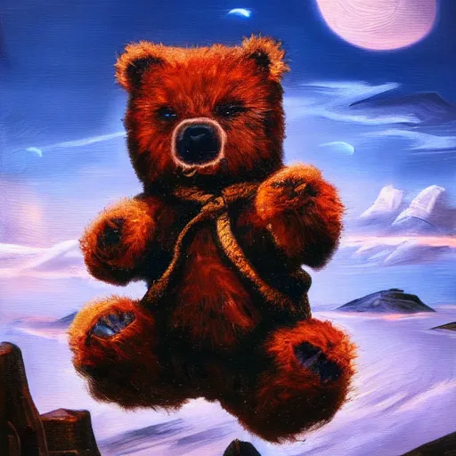 Prompt: cyberpunk surrealist oil painting of a teddy bear practicing ninjutsu atop a mountain