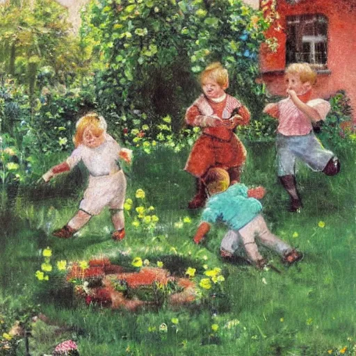 Prompt: children playing in the garden by Beskow Elsa.