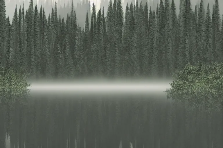 Image similar to a lake with mountains and a foggy forest in the background 50mm, hyperrealistic, moody, dark, ultra detailed, highly detailed, cinematic, dynamic lighting