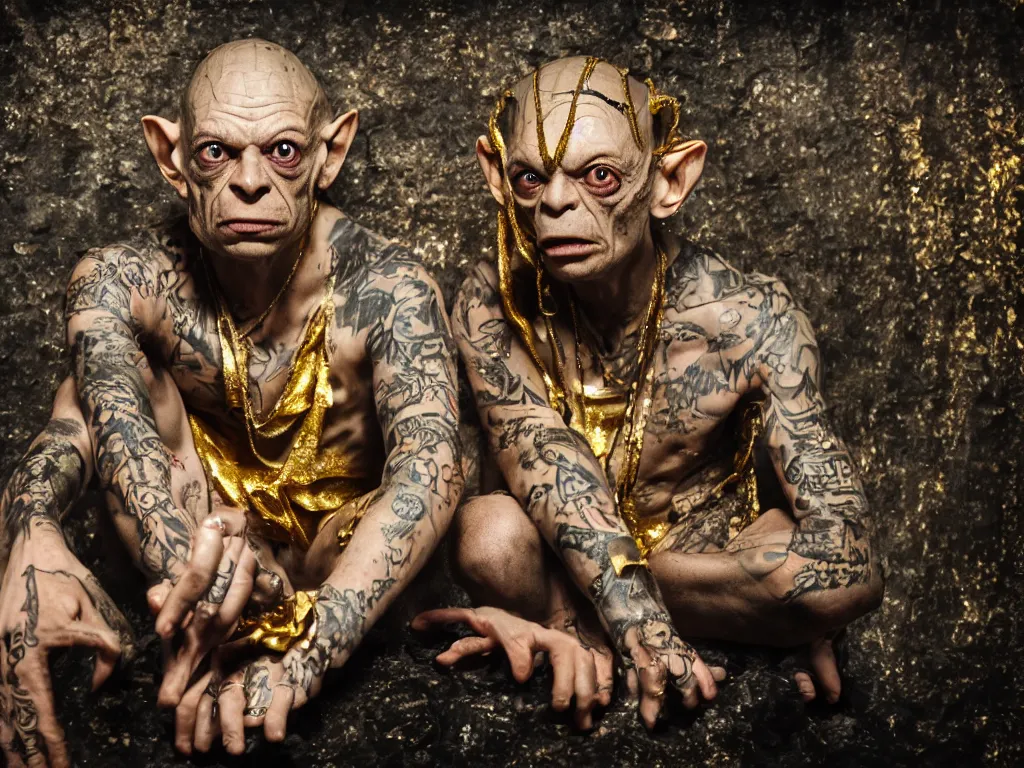 Prompt: gollum proudly wearing gold in a dungeon, bling, hip hop style, tattoos, imax, foggy atmosphere, bokeh, professional studio shot, stylized photo