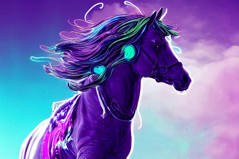 Image similar to a stunning horse with bioluminescent mane and tail running in the clouds by sandra chevrier and greg rutkowski, neon hooves, purple blue color scheme, vaporware, retro, outrun, high key lighting, volumetric light, digital art, highly detailed, fine detail, intricate, ornate, complex, octane render, unreal engine, photorealistic