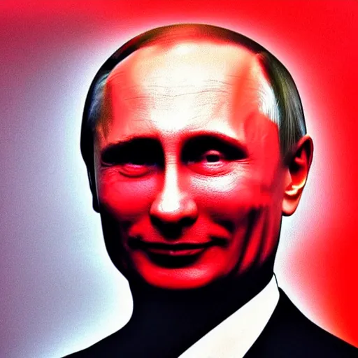 Image similar to in the style of gottfried helnwein. a smiling vladimir putin in red light. from above. shallow focus.