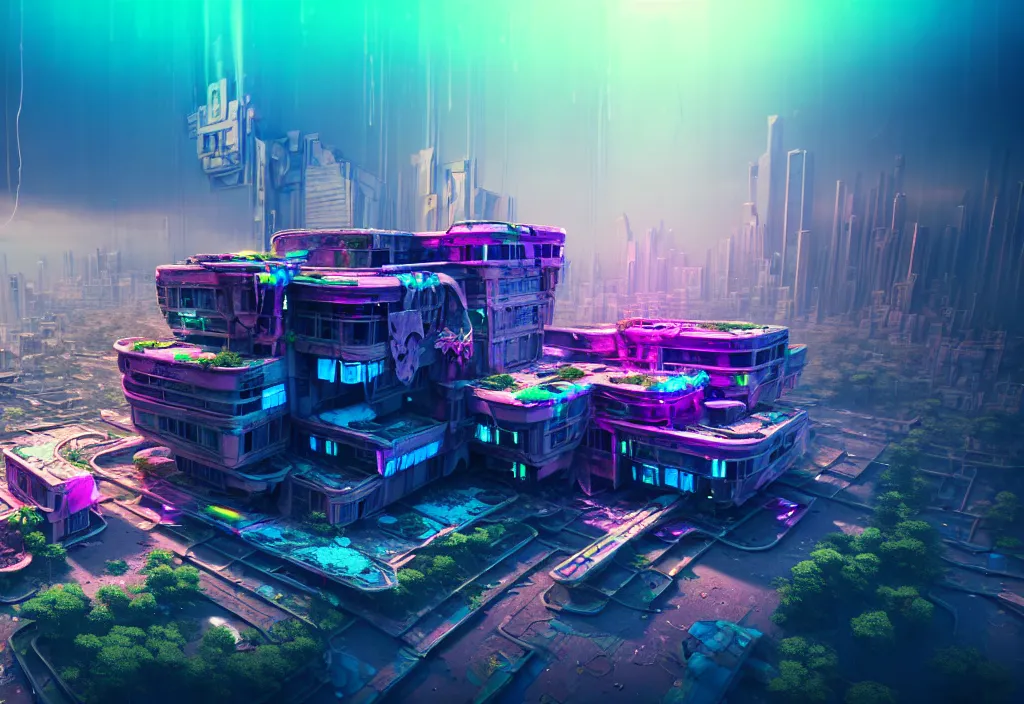 Image similar to A highly detailed crisp unreal engine render of aerial drone photo of A beautiful futuristic cyberpunk abandoned city building with neon, plants, perfect well made rainbow on the sky, sunlight breaking through clouds, debris on the ground, abandoned machines bright warm colors by wangchen-cg, 王琛,Neil blevins, artstation