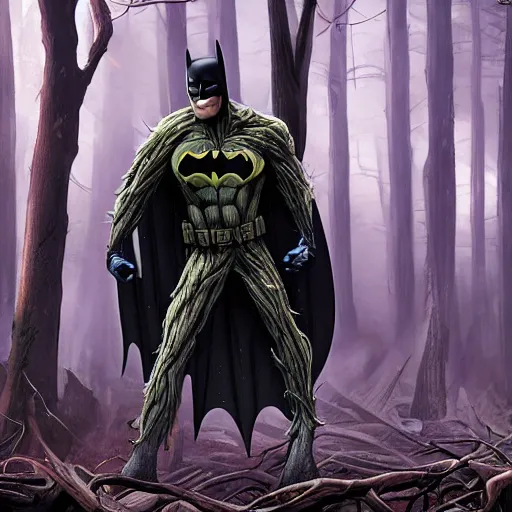 Image similar to batman meets groot in the woods digital art 4 k detailed super realistic