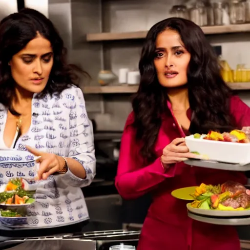 Image similar to salma hayek modeling for a cooking show with food, in a kitchen, next to a person made of meat