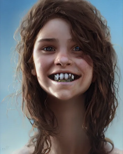 Prompt: symmetry!! portrait of smiling 1 5 - year - old girl with voluminous bushy brown hair, large front teeth, and bright piercing brown eyes, hyper realistic face, beautiful eyes, fantasy art, in the style of greg rutkowski, intricate, hyper detailed, smooth