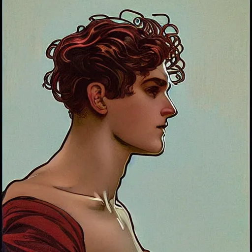 Prompt: handsome beautiful but male humanoid male robot part metal wires with wavy short dark hair, elegant, red lighting, realistic, concept art, smooth, detailed, high quality, alphonse mucha and waterhouse,
