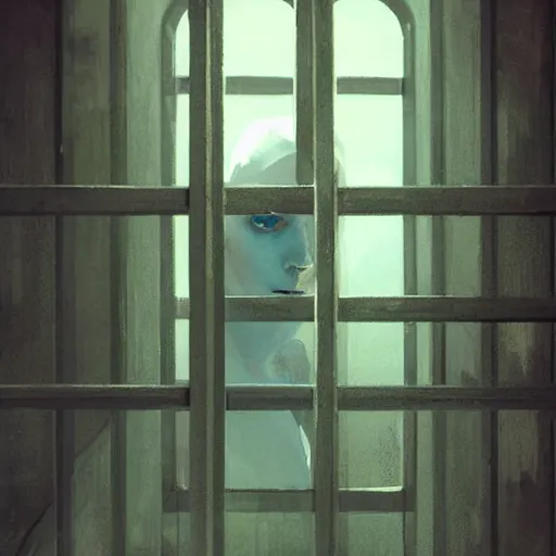 Image similar to a slim stylized prisoner peeking through prison bars, elegant, digital painting, concept art, very stylized, smooth, sharp focus, illustration, dark, by Ruan Jia and Mandy Jurgens and Artgerm and William-Adolphe Bouguerea