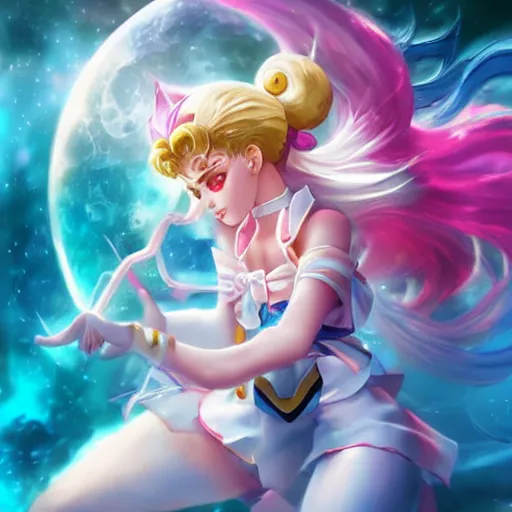 Image similar to beautiful Sailor moon splash art by League of Legends, highly detailed, trending on Artstation and Safebooru in category Voluptious; white background; white background