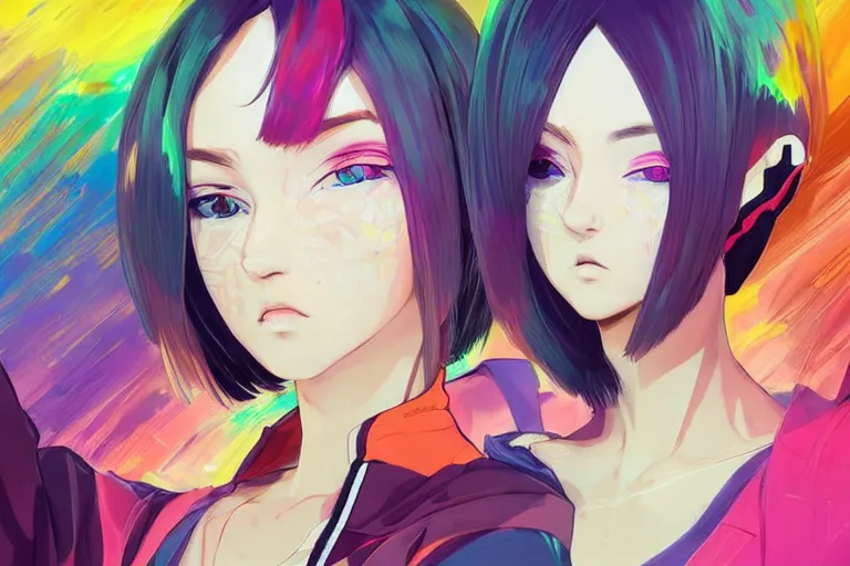 Image similar to poster woman with futuristic streetwear and hairstyle, colourful, cute face, anime eyes, dynamic portrait, zoomed out shot, intricate eyes, beautiful, elegant, Anime by Kuvshinov Ilya, Cushart Krentz and Gilleard James, 4k, HDR, Trending on artstation, Behance, Pinterest, award winning