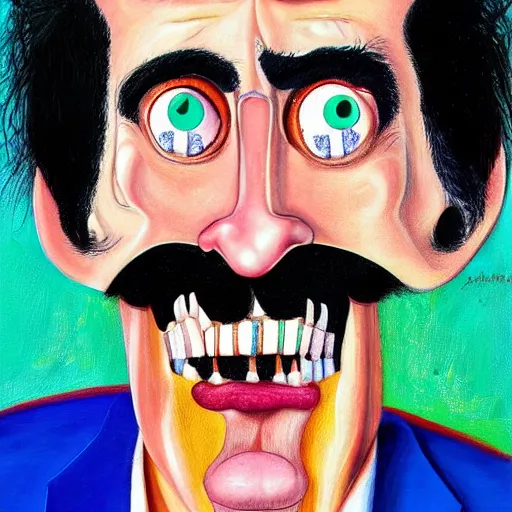 Image similar to a detailed painting jim carrey as borat by gerald scarfe and ralph steadman