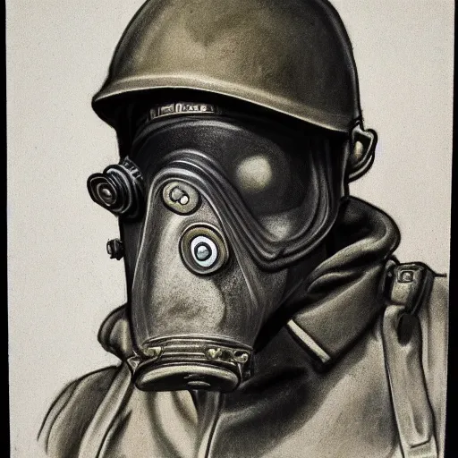 Image similar to charcoal portrait of a ww 1 soldier waering a gas mask