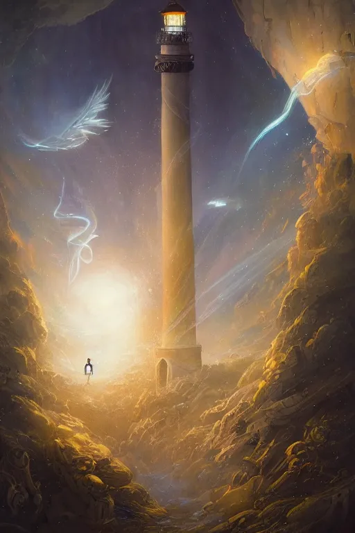 Image similar to Detailed Exterior Shot of Angelic Lighthouse of Alexandria, light of infinity, epic shafts, swarm of fireflies, magic atmosphere, in Style of Peter Mohrbacher, cinematic lighting