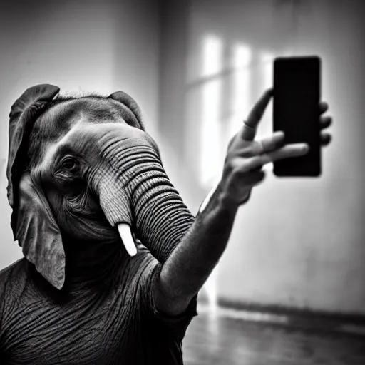 Prompt: the elephant man using an iphone to take a selfie