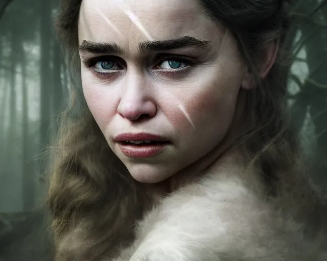 Image similar to 5 5 mm portrait photo of emilia clarke with a long face scar across her left cheek, in a magical forest. dark atmosphere. art by greg rutkowski. highly detailed 8 k. intricate. lifelike. soft light. nikon d 8 5 0.