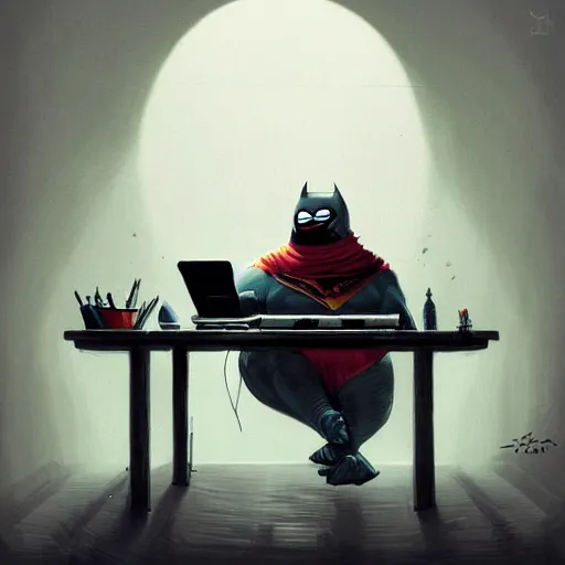 Image similar to a insanely detailed painting of a fat masked superhero wearing a costume sitting at a desk, staring at the nervously at the computer and clicking on the mouse, in the style of peter mohrbacher, dramatic lighting and composition, trending on artstation, concept art, comic book