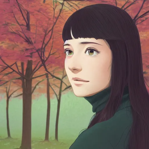 Anime a girl in a black turtleneck and dark brown hair bangs with green eyes