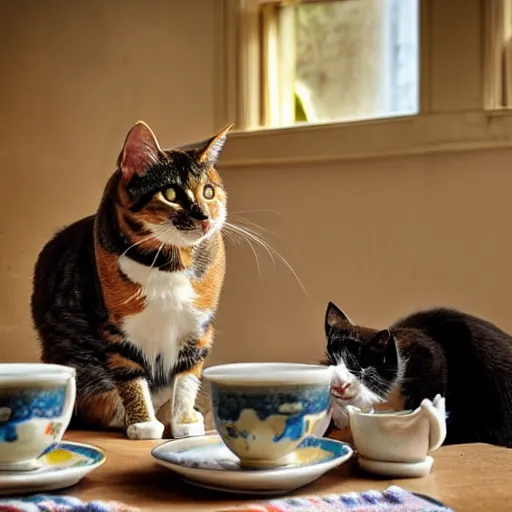 Image similar to 3 cats ( two calico and one tabby ) sitting at a table enjoying fancy english tea, award winning national geographic photo